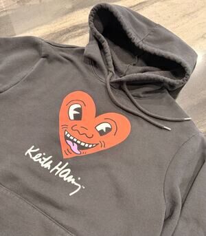 Old Navy Keith Haring Happy Heart Hoodie Men's M Black Pop Art Streetwear